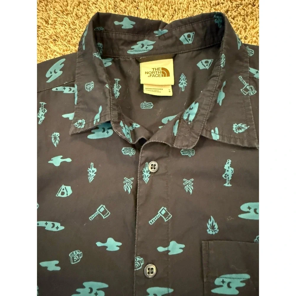 North Face Shirt Mens L Blue Short Sleeve Button Up Camping Hiking Outdoors Top